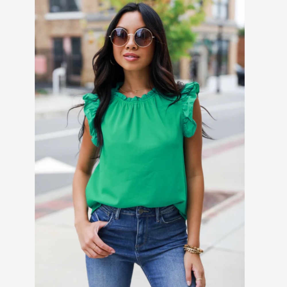 Ces Femme Green Flutter Sleeve Ruffled Blouse